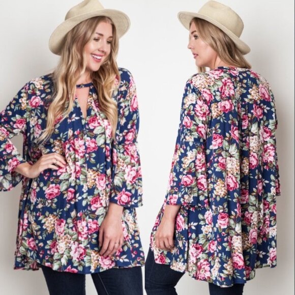 Umgee Navy Floral Trapeze Swing Cut Bell Sleeve Dress / Tunic Size L Large - Picture 14 of 14